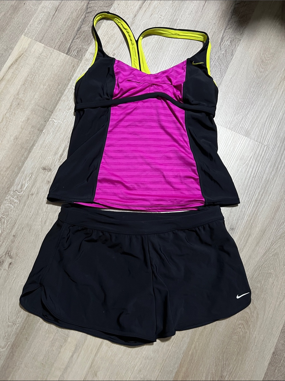 Nike Tankini Two-Piece Swimsuit Set | Black/Magenta/Neon Yellow